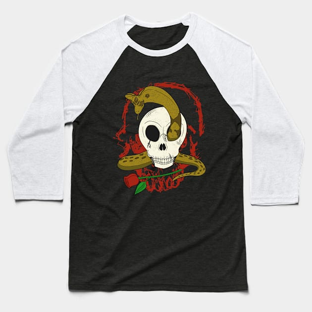 Snake, Skull and Blood Baseball T-Shirt by cardozoink